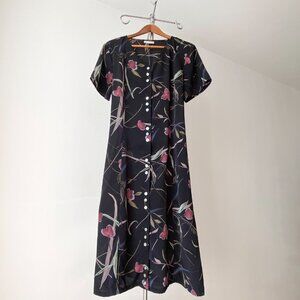 🌿 90s Vintage Black Purple & Green Floral Maxi Dress with Short Sleeves & Front